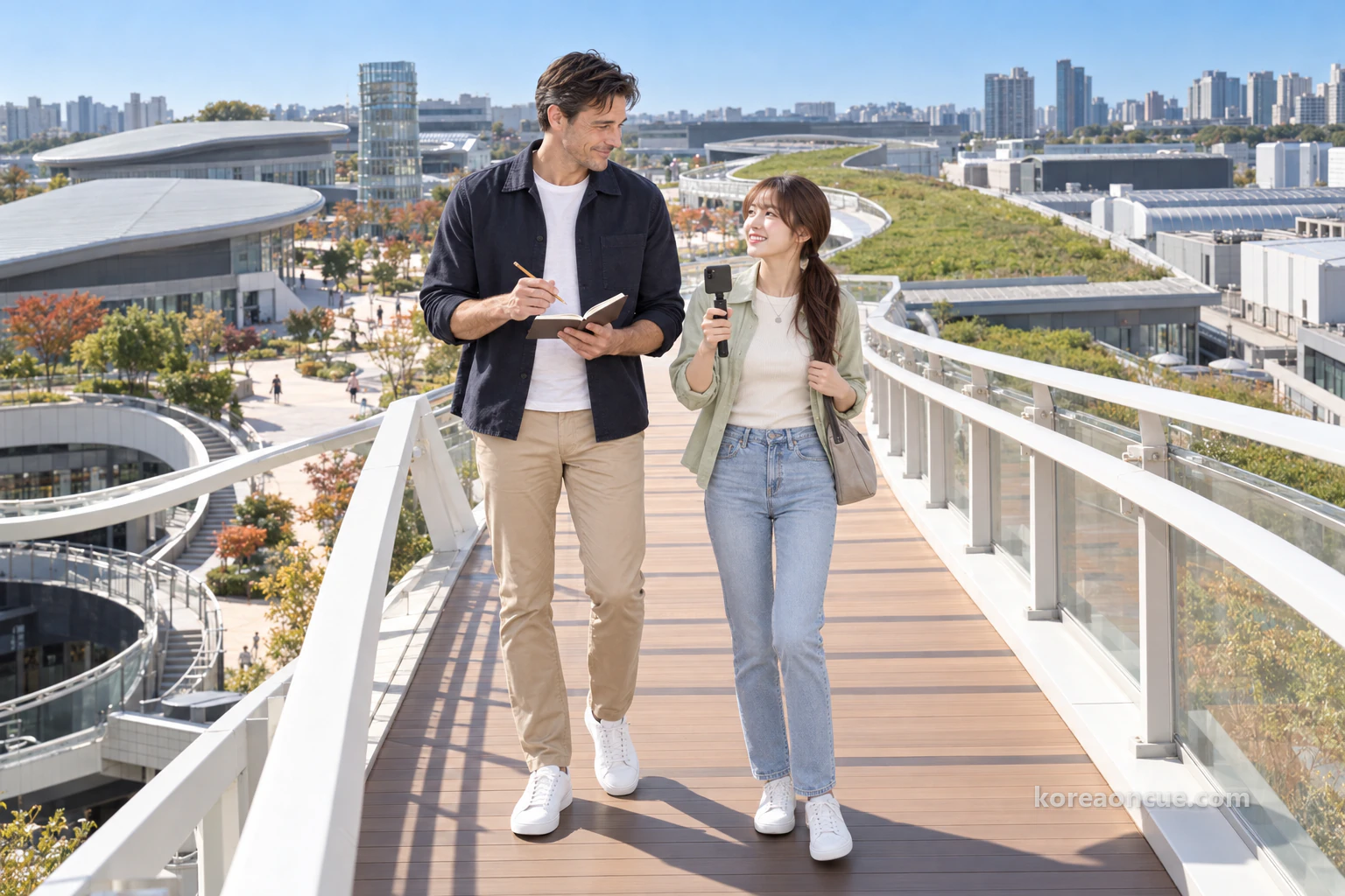 Ethan and Lulu walking side by side towards the camera along a curving timber-coloured footbridge between lawns and trees on a clear late-autumn morning, Ethan looking down at Lulu as he talks and Lulu laughing up at him, Ethan with a notebook and pencil and Lulu filming ahead on her phone, low buildings with curved roofs and a wide blue sky behind them. Editorial image.