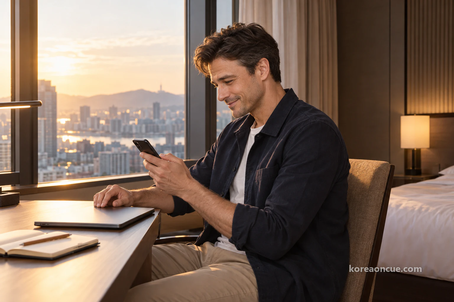 Ethan at a desk by a hotel window in the late afternoon, closing a laptop with one hand and lifting his phone with the other while holding back a laugh, a small notebook and pencil on the desk and the city in slanting sunlight outside. Editorial image.
