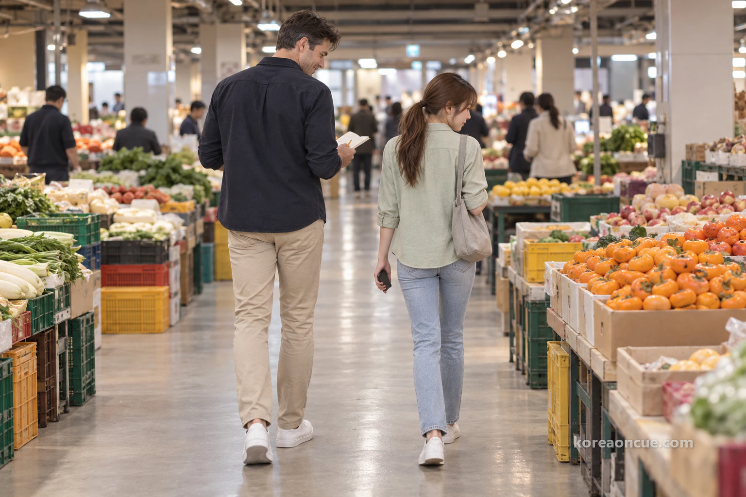 The two seen from behind walking side by side down a wide underground aisle between tables of crated fruit and vegetables, Ethan looking ahead at his open notebook and Lulu turning towards a table piled with orange persimmons. Editorial image.