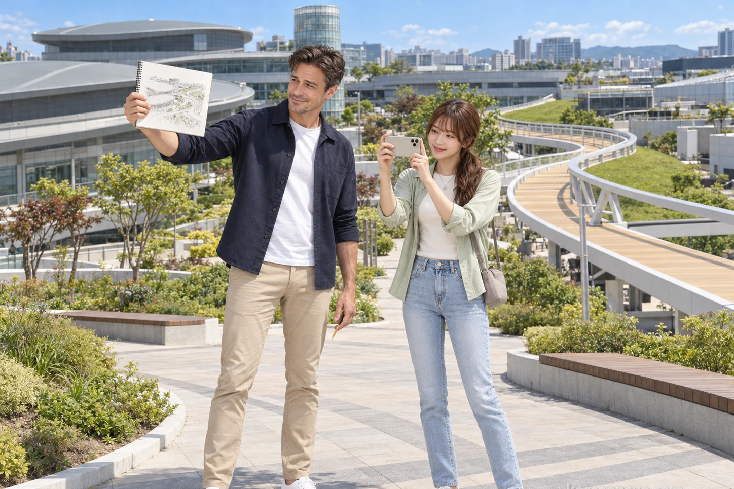 Ethan holding his notebook out at arm’s length to compare it with distant curved roofs, and Lulu raising her phone to frame the notebook and the roofs together, on a tiled walkway in a rooftop park at midday, a curving timber-coloured footbridge, lawns and trees nearby. Editorial image.