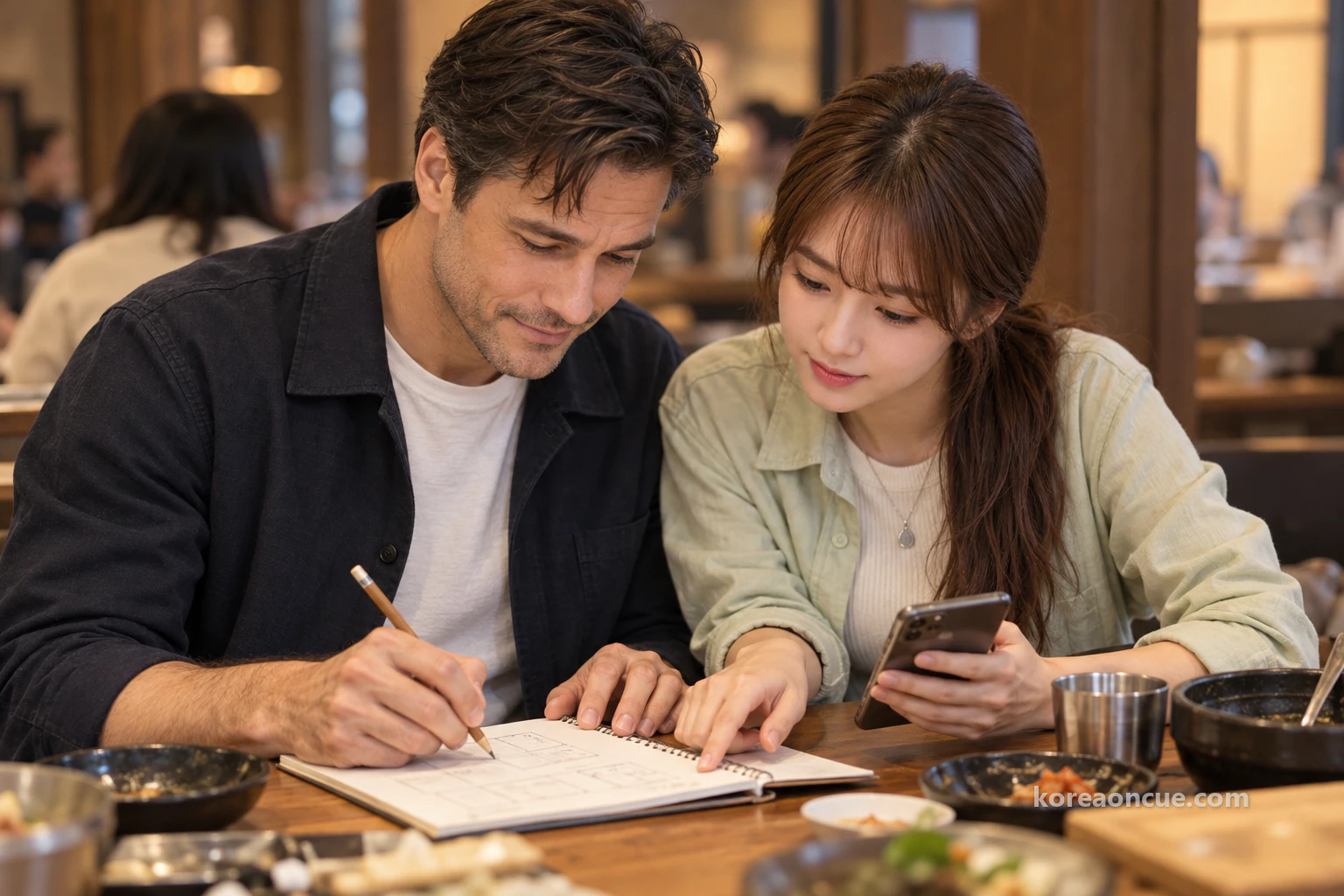 The two sitting side by side at a restaurant table after lunch, empty plates pushed aside, heads close over a notebook and a phone, Ethan shading small boxes with a pencil and Lulu comparing a video on her phone with the sketch. Editorial image.