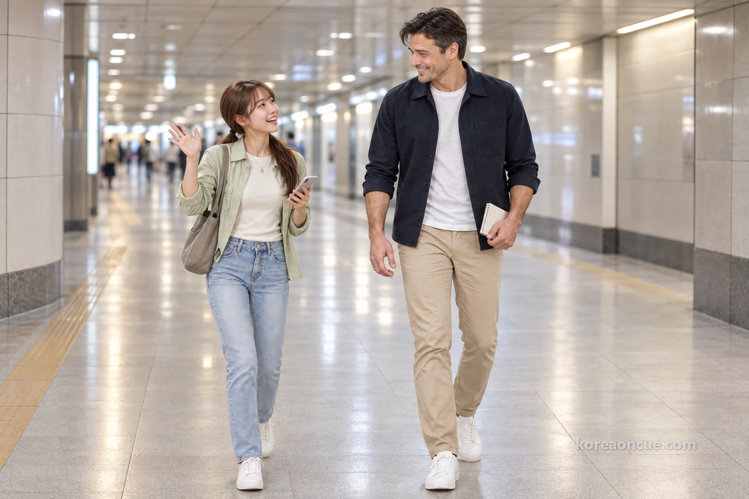 Lulu waving widely with her phone held at chest height and Ethan striding towards her with his notebook, smiling, in a bright, clean underground passage, the two looking at each other as the passage stretches far behind them. Editorial image.
