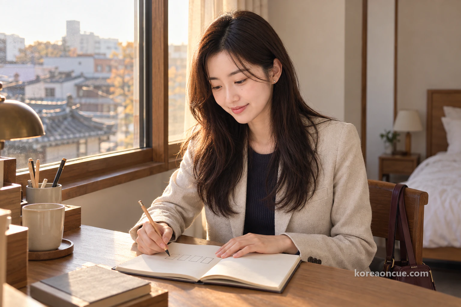 Rina at a desk by the window of a guesthouse room in low late-afternoon sunlight, drawing four small boxes side by side in her open notebook with a pencil, the corners of her mouth lifting in anticipation. Editorial image.