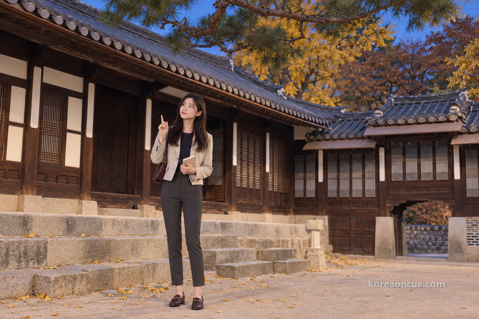 Rina standing by low stone steps in front of one wing of a hanok after the sun has set, a finger slightly raised as she looks up beyond the roof, a pine tree leaning over the roof, yellow ginkgo leaves at her feet and a low wall with a small gate on the right. Editorial image.