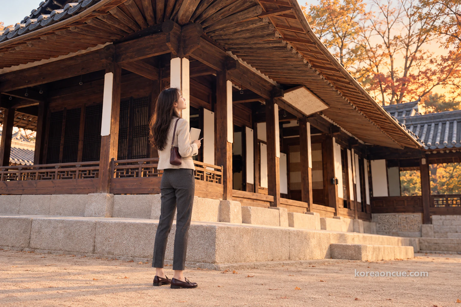 Rina seen from behind at an angle in front of a hanok while the evening sky still holds some light, looking up at a wooden plaque under the eaves on the raised-pavilion side, the hip-and-gable eaves curving upwards over exposed rafters, a low lattice railing and an autumn tree beside it. Editorial image.