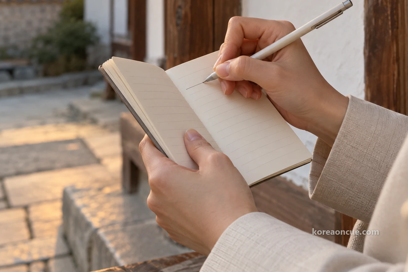 Close-up of a hand adding a short line with a pen under the first line of a small open notebook in warm dusk light, a white plaster wall and a brown wooden pillar blurred behind. Editorial image.