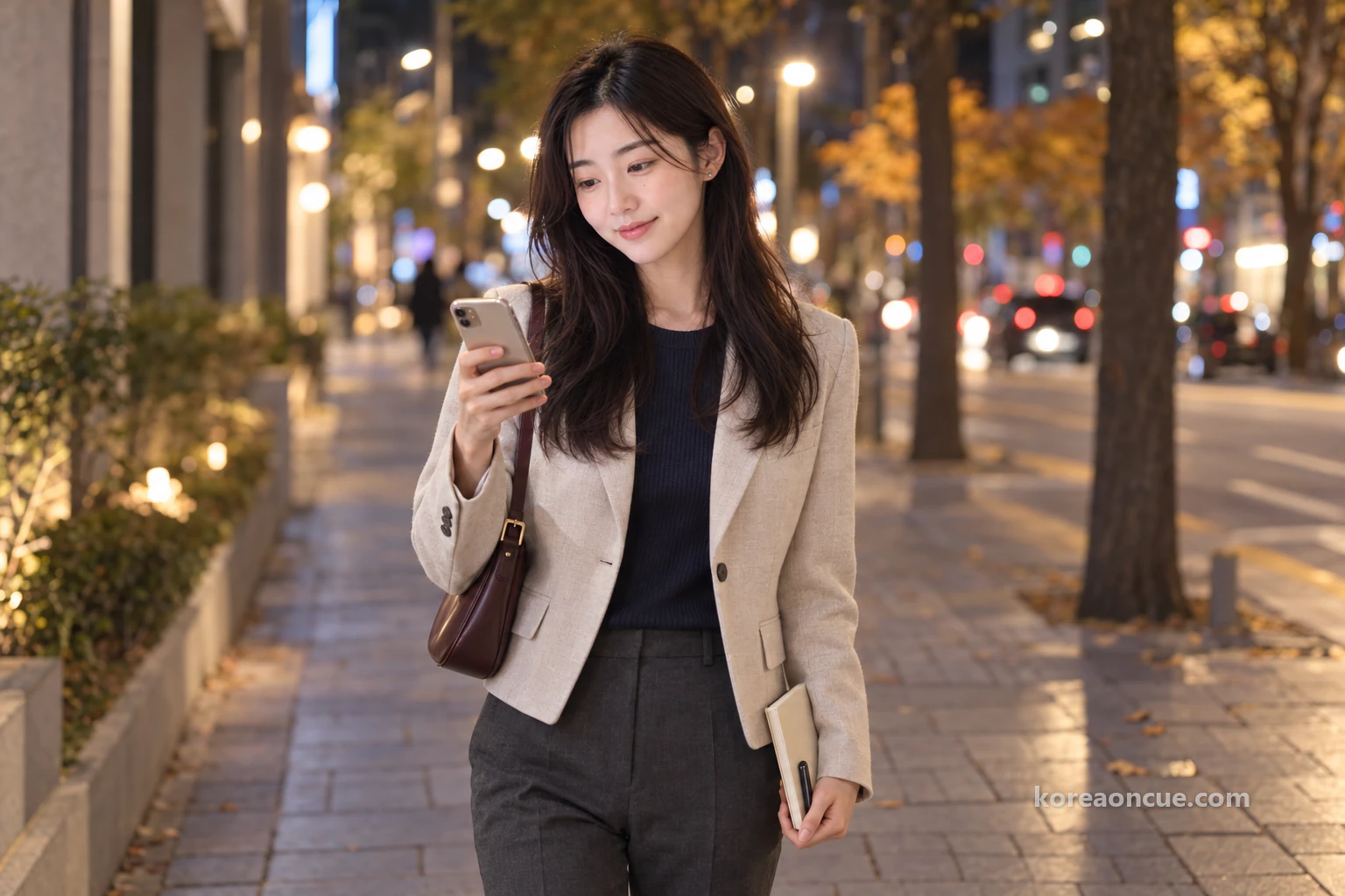 Rina stopped under a streetlight on a city pavement at night, typing a message on her phone and smiling to herself, a folded notebook in her other hand, the street and trees blurred behind her. Editorial image.