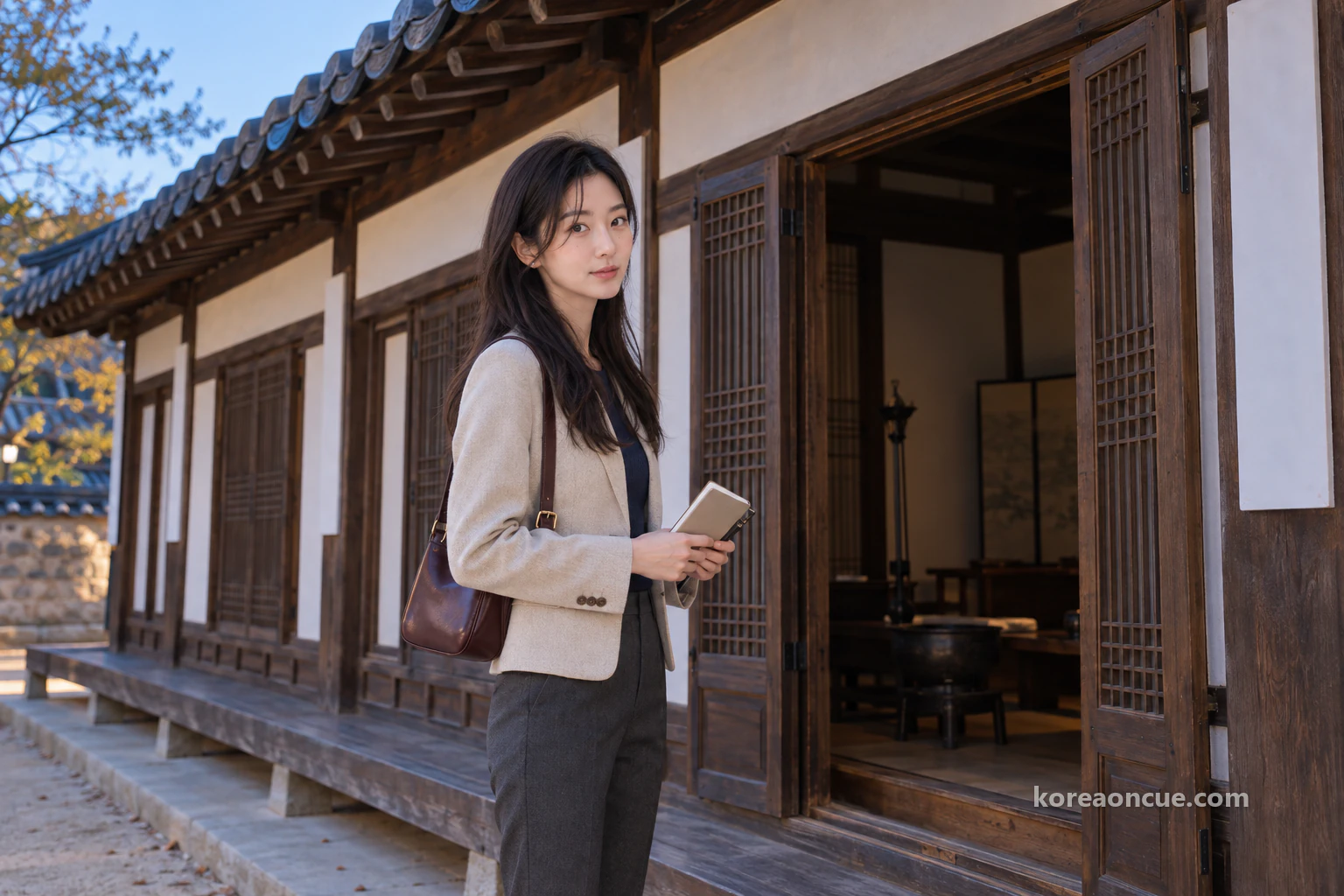Rina standing beside an open lattice door of a low single-storey hanok in blue evening light, looking into a dim room with a brazier, low wooden furniture and an unlit oil-lamp stand. Editorial image.