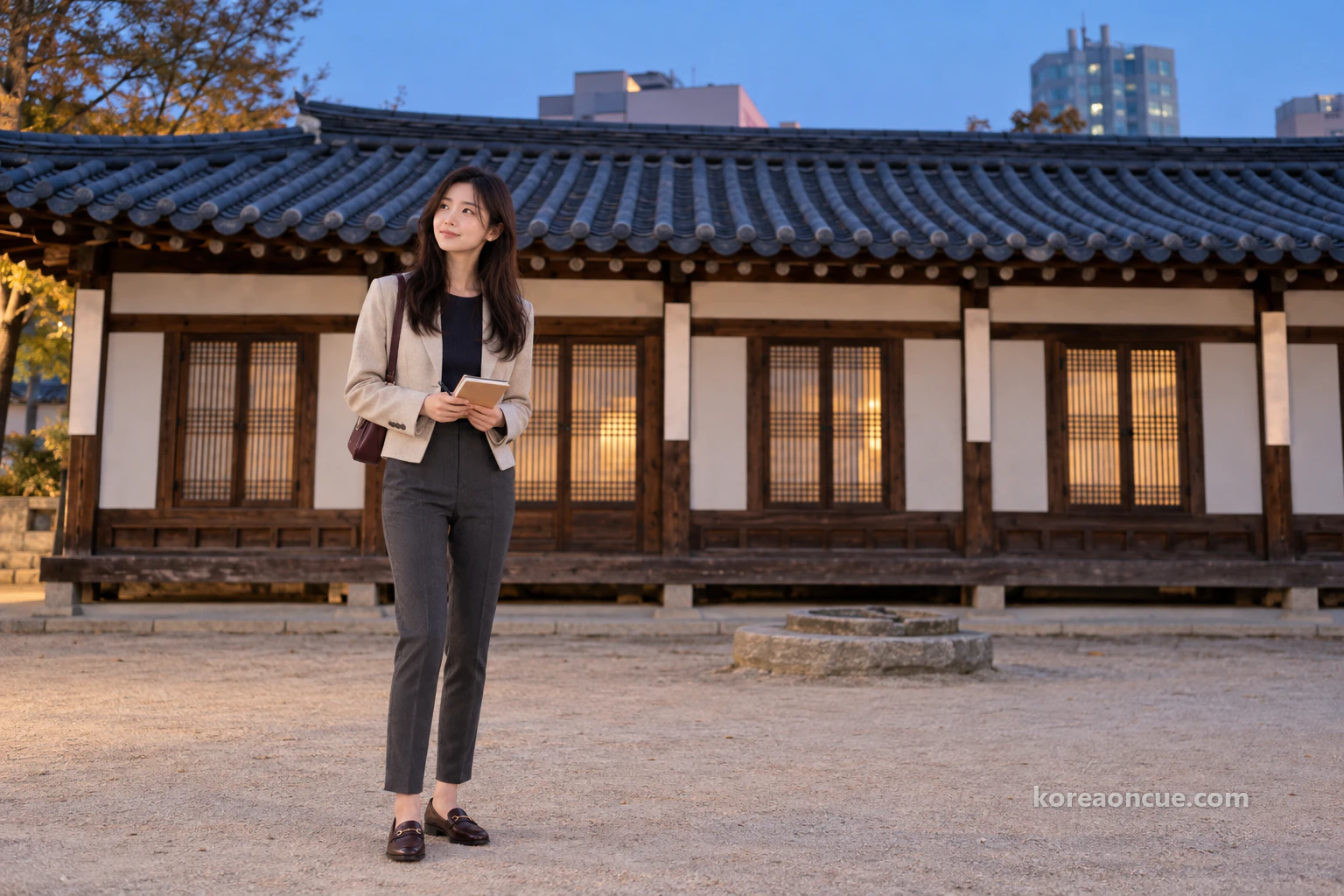 Rina standing in the middle of a pale earth yard in the blue evening just after sunset, following the roof line of a low single-storey hanok with grey-black tiles, brown wooden pillars, white plaster panels and lattice windows, a round millstone on the ground in front. Editorial image.