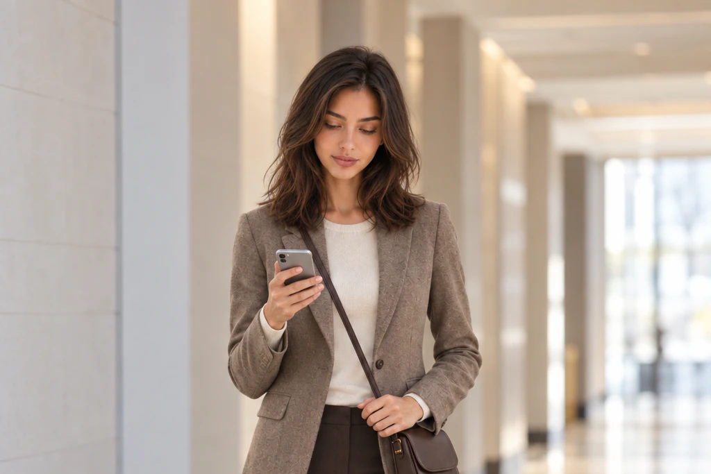 Elena walking slowly towards the camera at the end of a bright, wide corridor with smooth walls and a polished floor, looking down at the notes on her phone. Editorial image.