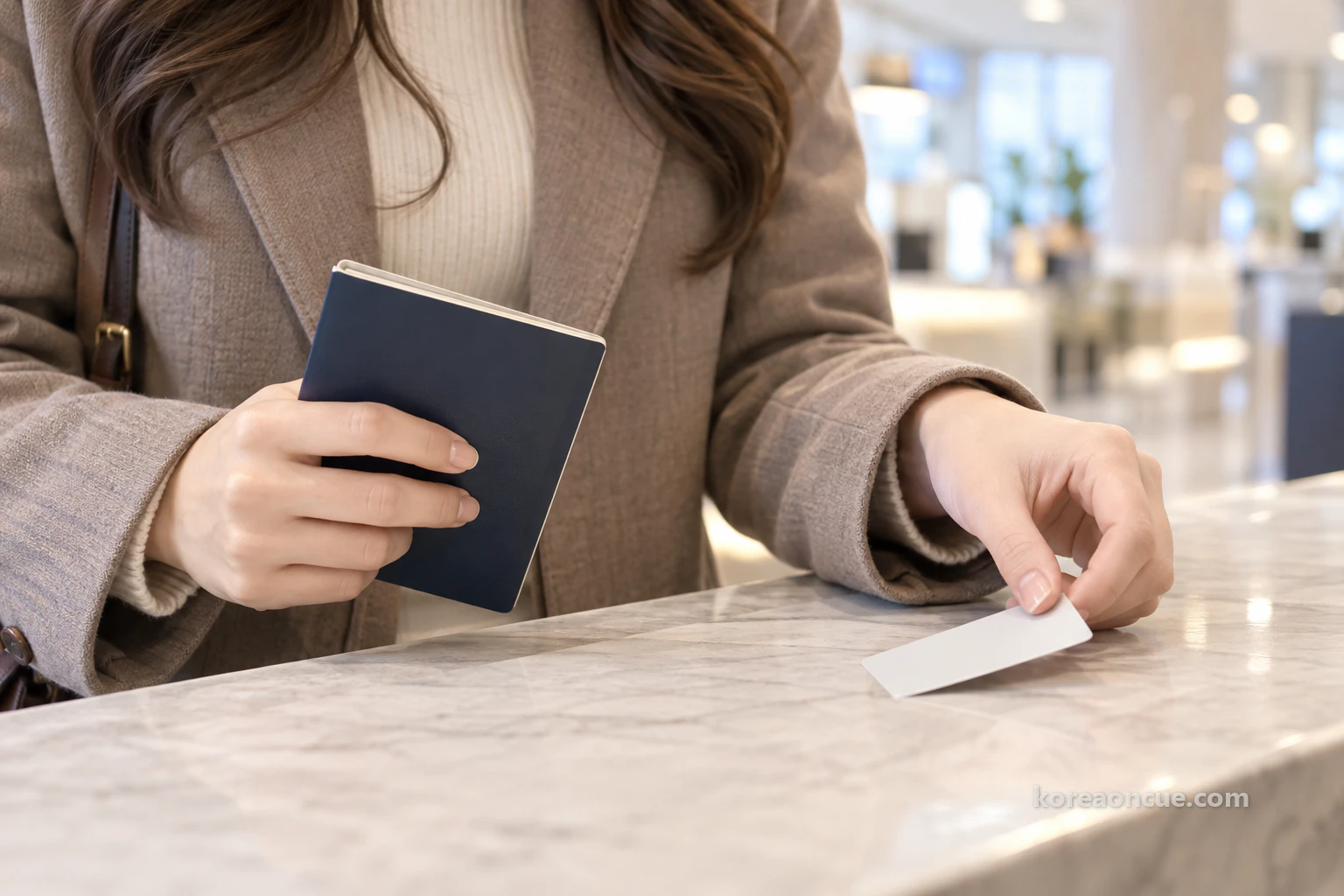 Two hands in bright indoor light, one holding a closed passport and the other lifting a single plain plastic card just handed over between thumb and forefinger. Editorial image.