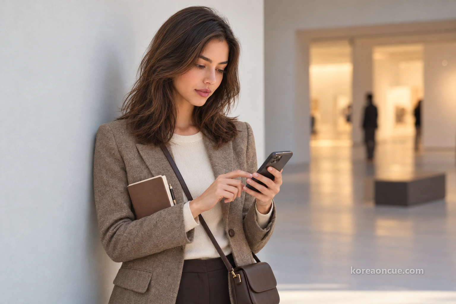 Elena standing beside a blank wall by the entrance of an exhibition room in calm indoor light, typing a note on her phone with a focused, reverent expression, the room behind her a soft blur of light. Editorial image.