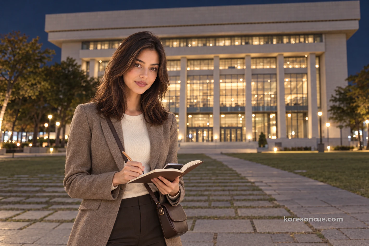 Elena at night at the edge of the walkway in front of a large library building, copying notes from her phone into a small brown notebook with a pencil and smiling quietly, glass walls glowing warmly behind her. Editorial image.