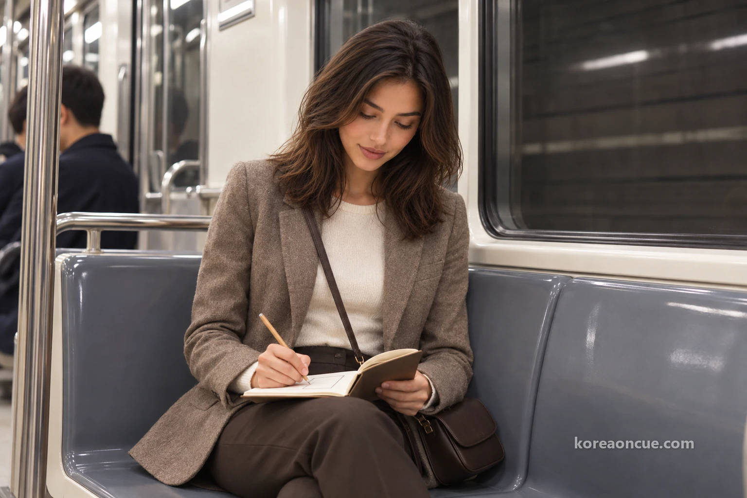 Elena sitting on a subway bench seat, drawing a large pair of square brackets in a small brown notebook open on her lap, smiling slightly, the dark tunnel wall in the window behind her. Editorial image.