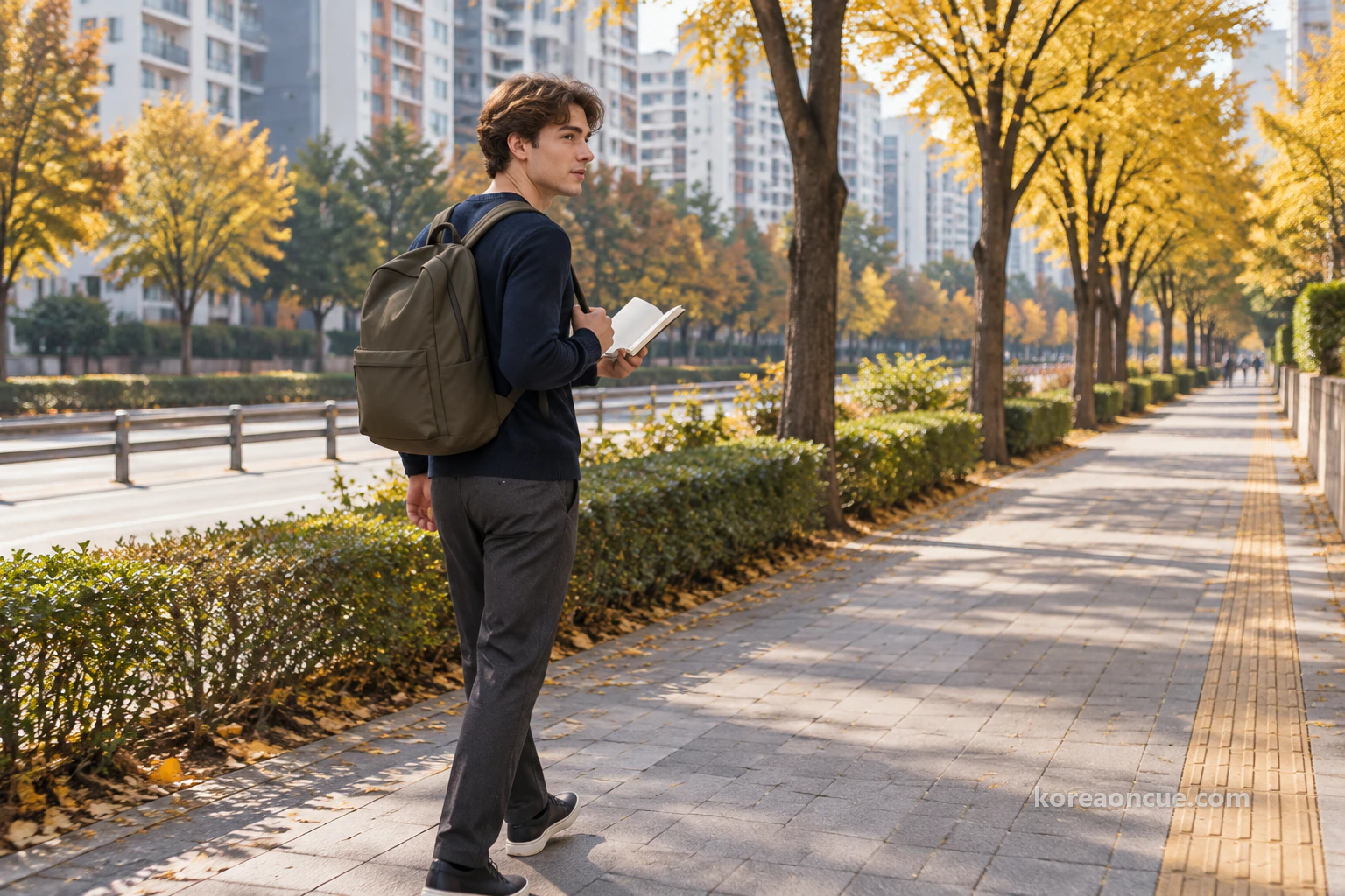 Noah seen at an angle from behind on a clear late-autumn morning, walking along a wide neighbourhood pavement lined with yellow street trees and tall apartment blocks, an open notebook held in front of him and a backpack on his back. Editorial image.