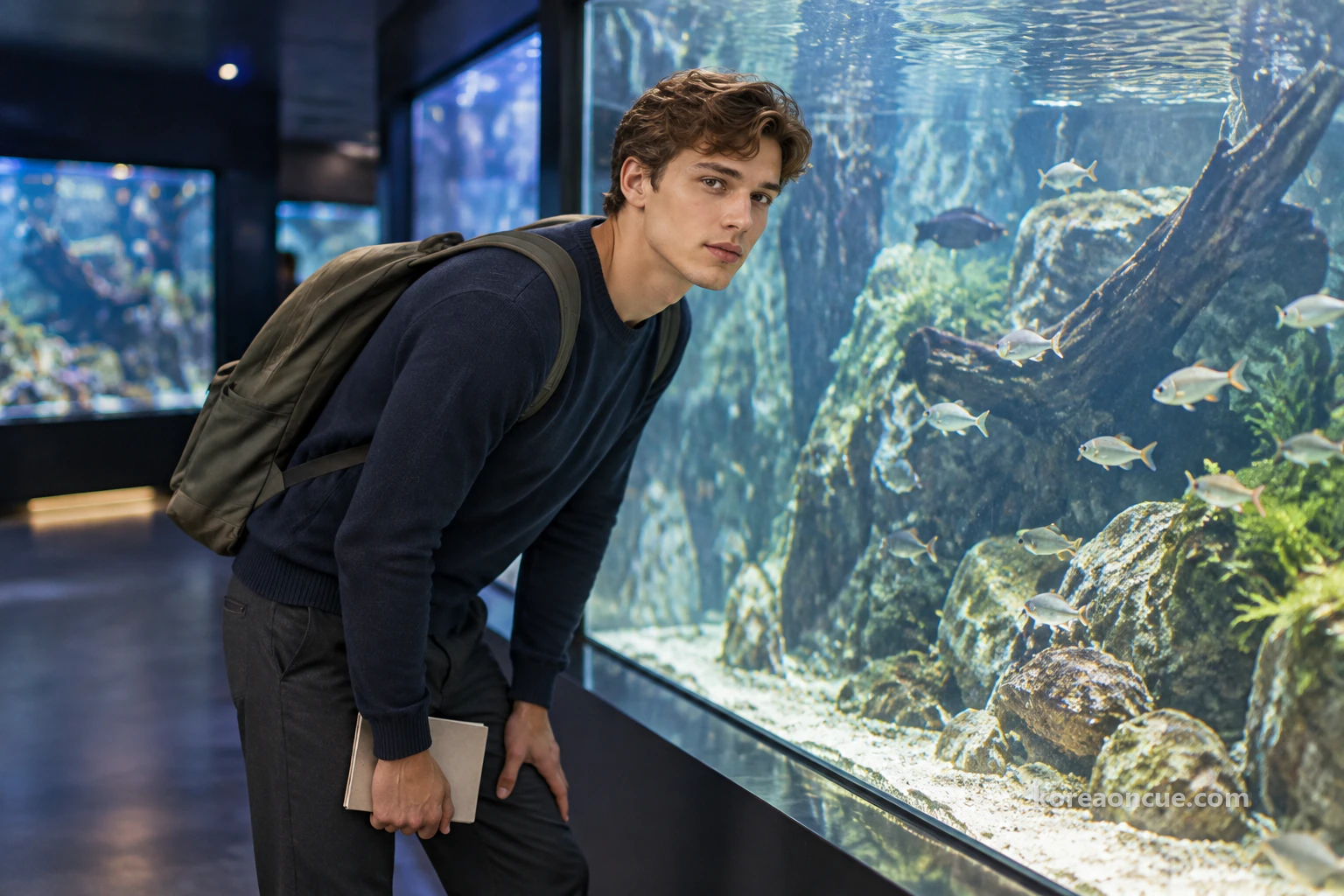 Noah seen from the side in an exhibition room with a soft bluish glow, bending slightly in front of the glass of an aquarium tank to watch small freshwater fish swim past, water light rippling on the glass and his face, a closed notebook in one hand. Editorial image.