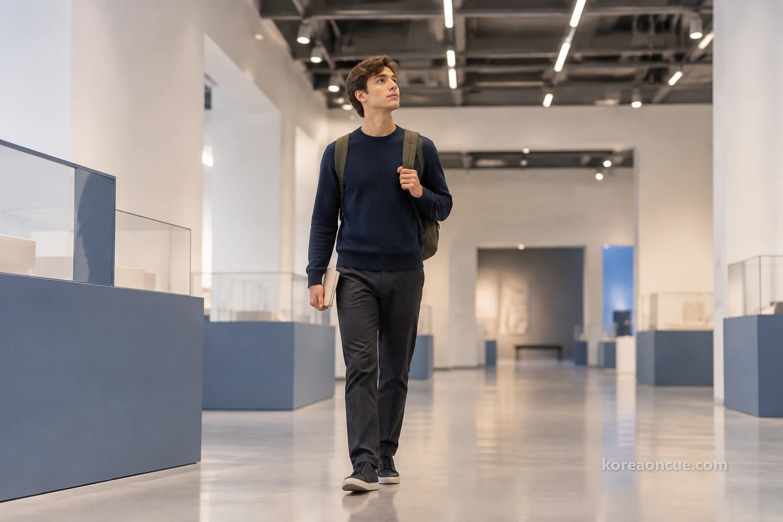 A low-angle distant view of Noah walking slowly through the middle of a very wide exhibition hall with a very high ceiling, small at the bottom of the frame and looking up at the ceiling, soft light spreading down from above and blue-toned partitions blurred around him. Editorial image.