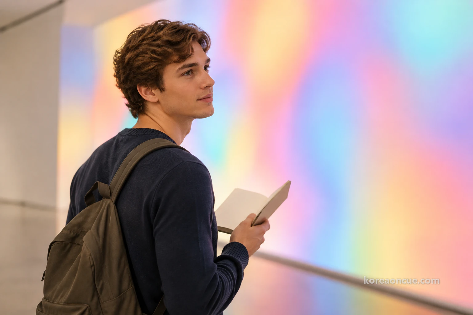 Noah seen at an angle from behind with his side face visible, standing in a bright exhibition room in front of a large wall glowing softly in many colours, his head tilted slightly and smiling, an open notebook held at chest height. Editorial image.
