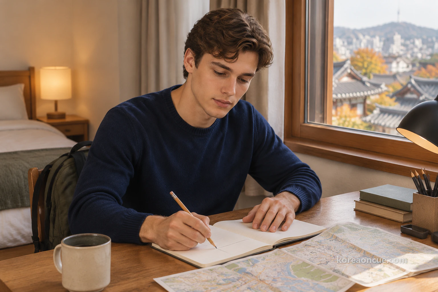 Noah, seen from the side and from the waist up, sitting at a desk by a window on a late-autumn morning and drawing pencil lines across a blank page of his notebook to split it into three stacked rows, a few hand-drawn street-map pages overlapping beside it, soft window light. Editorial image.