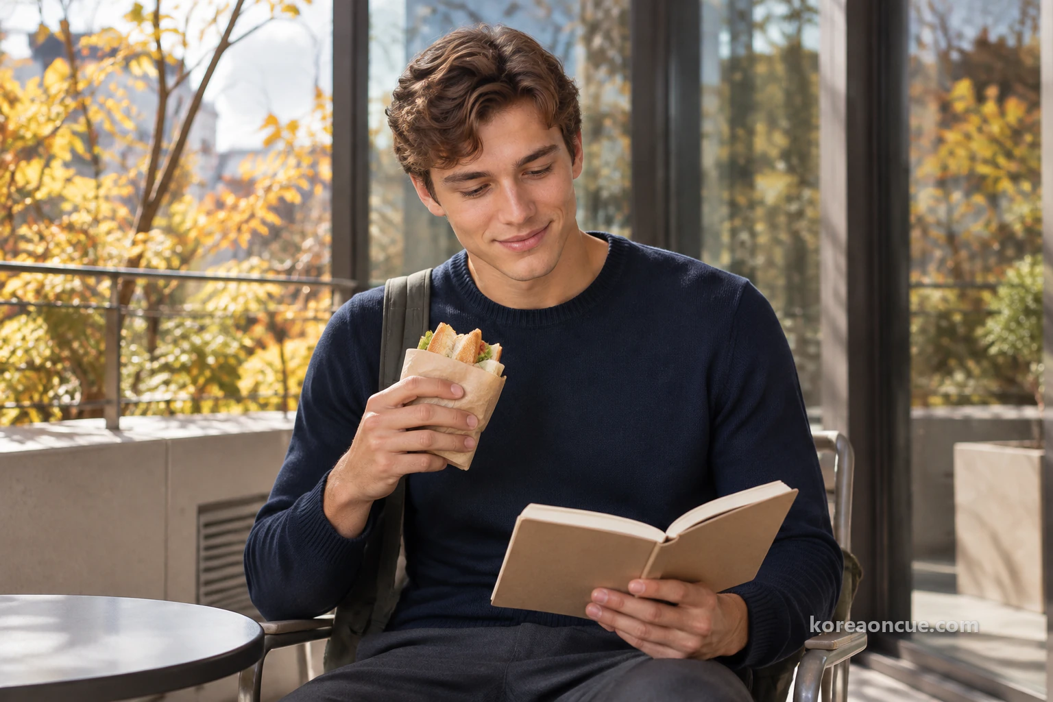Noah, from the waist up, sitting on a chair on an outdoor terrace between buildings at midday in late autumn, holding a wrapped sandwich and smiling at the notebook open on his lap, a glass wall and yellow trees blurred behind him. Editorial image.