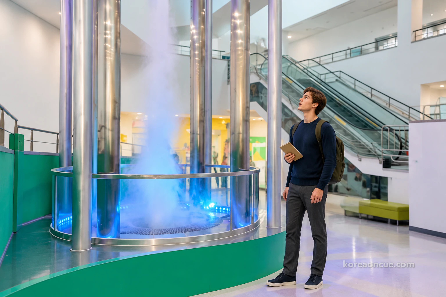 A low-angle full-length view of Noah in a bright, white atrium several storeys high, a few steps from a device where a white mist vortex spirals high above a green platform ringed by silver pillars, his head tilted back and his face surprised. Editorial image.
