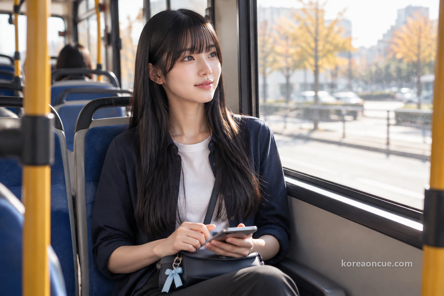 晴朗的早晨,坐在市區公車靠窗座位上、停下膝上手機的回覆、抬頭望向窗外天空淡淡微笑的 Maya,膝上深藍色包包掛著天藍色緞帶吊飾,窗外是模糊的街道與行道樹。編輯示意圖。