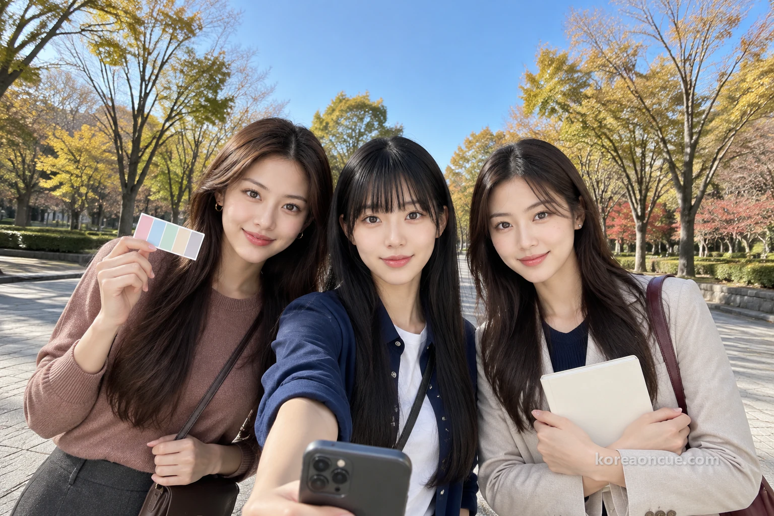 晴朗的晚秋早晨,在正門附近的林蔭道上,Maya 伸長手臂把手機拿低拍下的三人自拍,把天藍色卡片拿在臉旁的 Mali、中間的 Maya、抱著筆記本的 Rina 都看著螢幕微笑,上方是寬闊藍天與秋色樹梢。編輯示意圖。