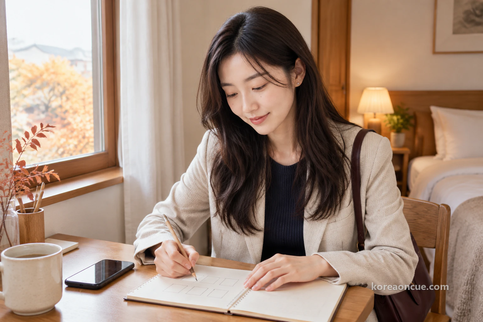 Rina seen from the side at a guesthouse desk by a window in soft late-autumn light, drawing six small square boxes in two rows of three on one page of her open notebook with a pencil, the corners of her mouth lifting slightly, her phone lying beside the notebook with its screen dark. Editorial image.