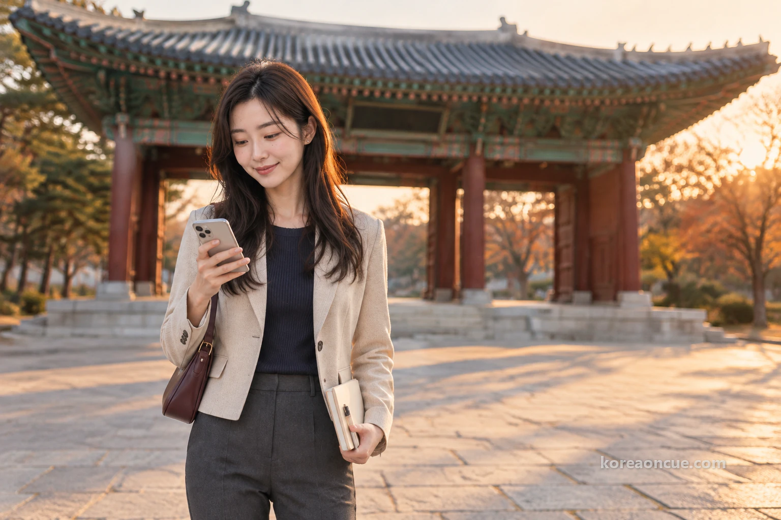 Rina seen at an angle from the front on a late-autumn afternoon as the sun goes down, stopped on the stone paving outside the main gate and typing a message on her phone with a small smile to herself, a folded notebook in her left hand, the red pillars and wide eaves of the gate blurred behind her. Editorial image.
