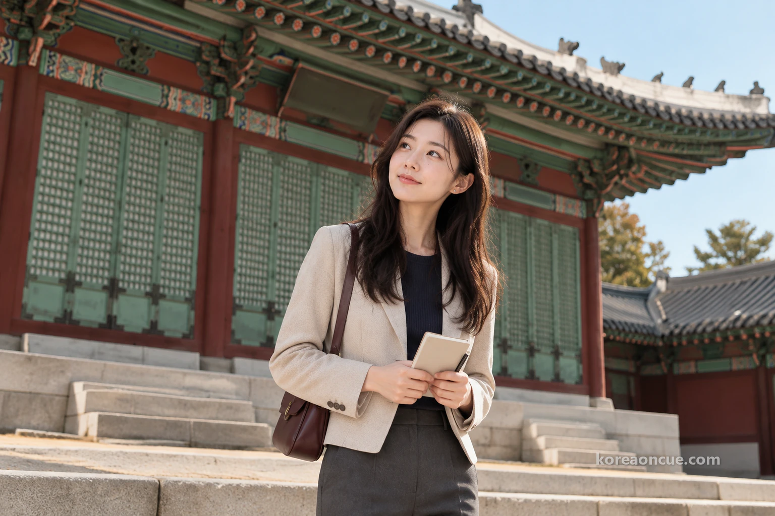 Rina on a clear late-autumn afternoon, standing just in front of a palace hall filled with red pillars and pale-green and blue-green lattice doors, tilting her head slightly to look up at the decorated ends of the double eaves, calm, holding a closed notebook at her waist with both hands. Editorial image.