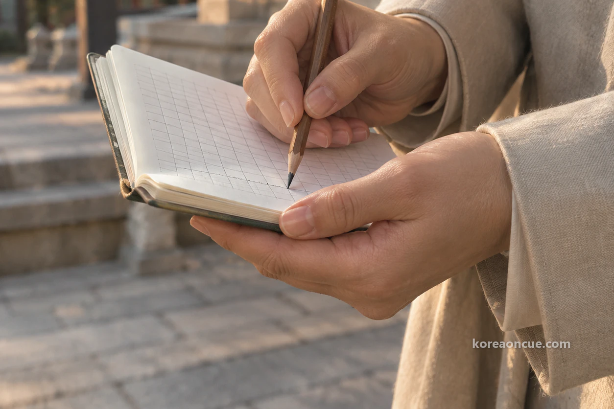 A close-up in warm late-afternoon light of a hand in a pale stone-coloured jacket sleeve drawing a small question mark with a pencil at the end of the bottom line of a small notebook resting open on the other palm, a red wooden pillar blurred behind. Editorial image.