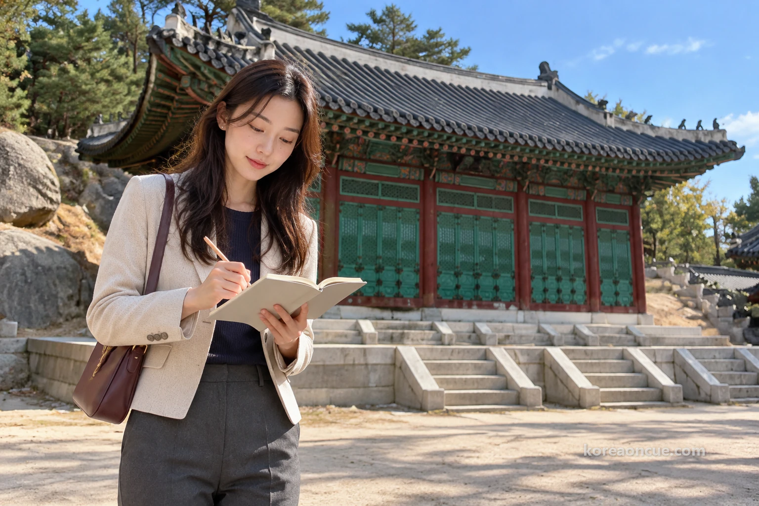 A small single-storey palace hall with red pillars, green lattice doors and a grey-tiled roof under a blue sky, a low stone platform and shallow stone steps, big granite rocks and pine trees behind and beside it, and Rina at the foot of the steps drawing a box with a pencil in a notebook held open at chest height, focused as if sorting something out. Editorial image.