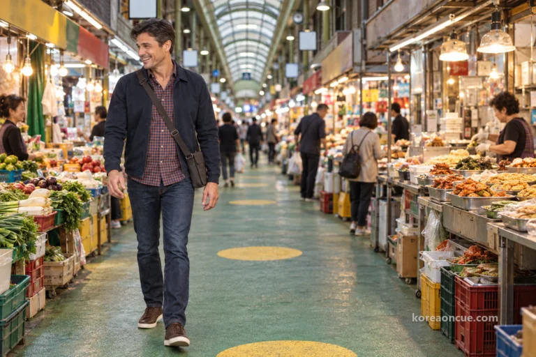 Mangwon Market: read the unit on the price tag first — Ethan checks what each price covers and how much food he will get, then chooses a meal for now and a snack to take to the river
