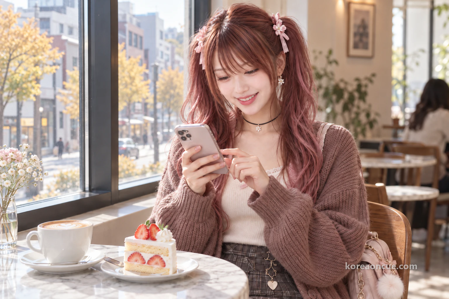 翌朝、スマートフォンのメモを確認しながら笑うヒナ。編集イメージ。
