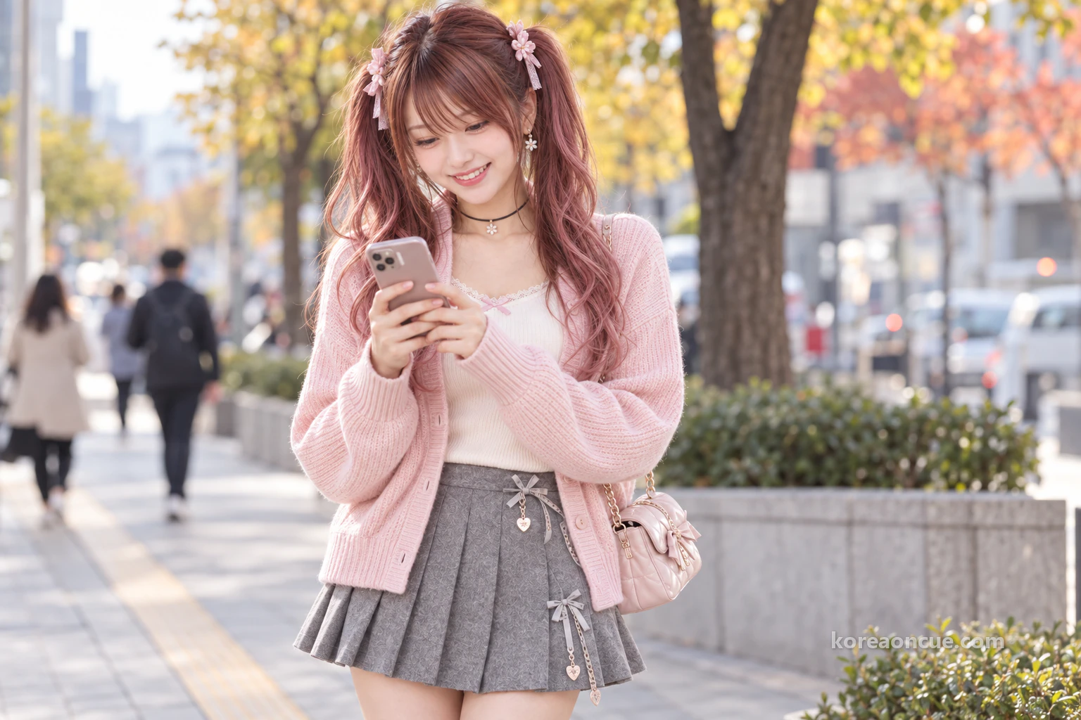 秋の通りでスマートフォンのメモを確かめながら笑うヒナ。編集イメージ。