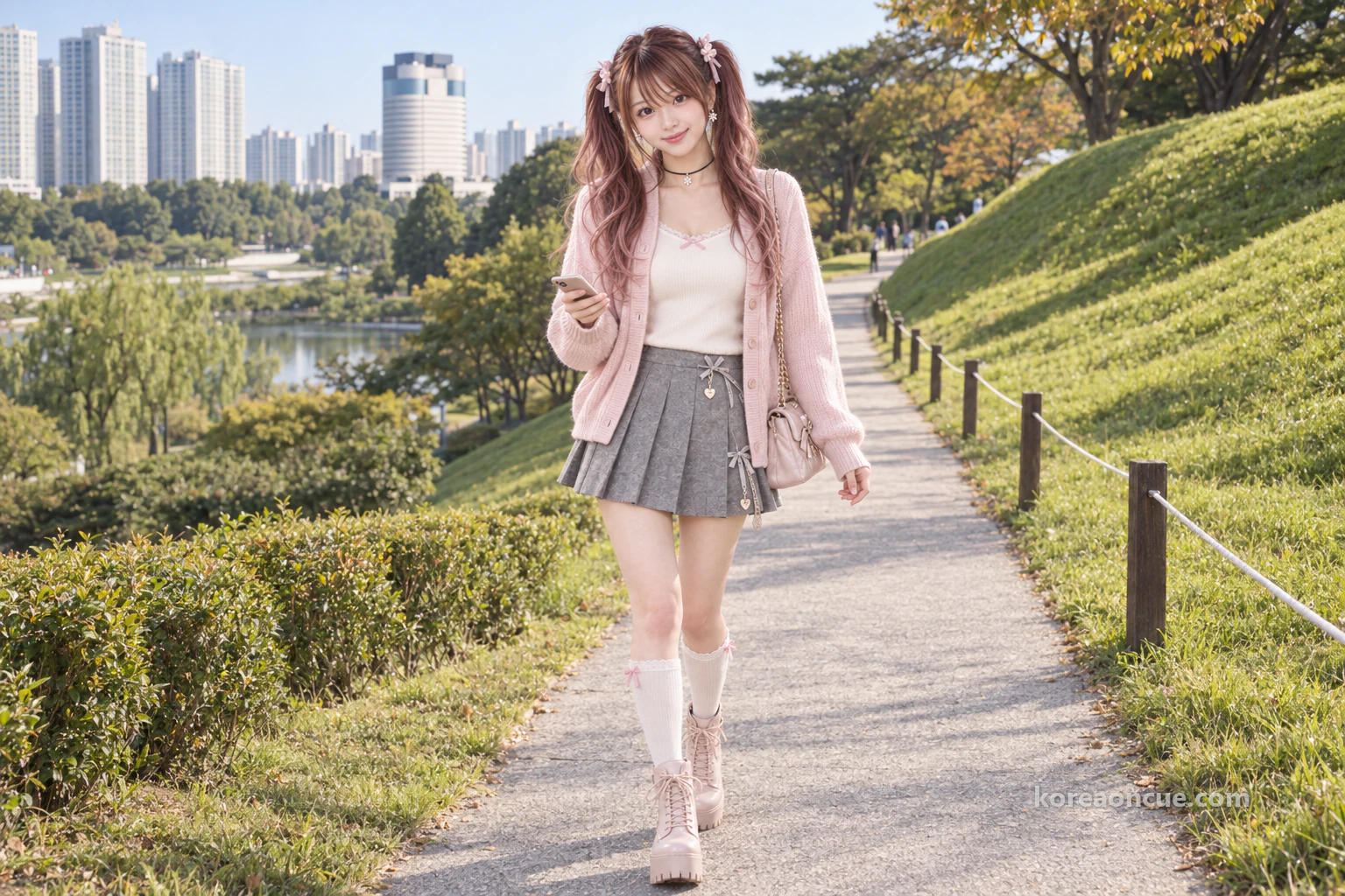スマートフォンを手に、オリンピック公園の散歩道を歩いてくるヒナ。編集イメージ。