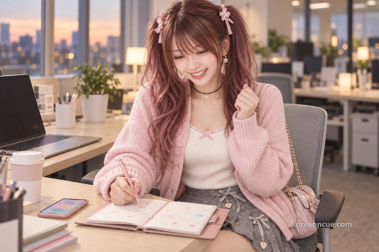 東京の会社のデスクで、手帳に公演の日付を書き込みながら笑うヒナ。編集画像。
