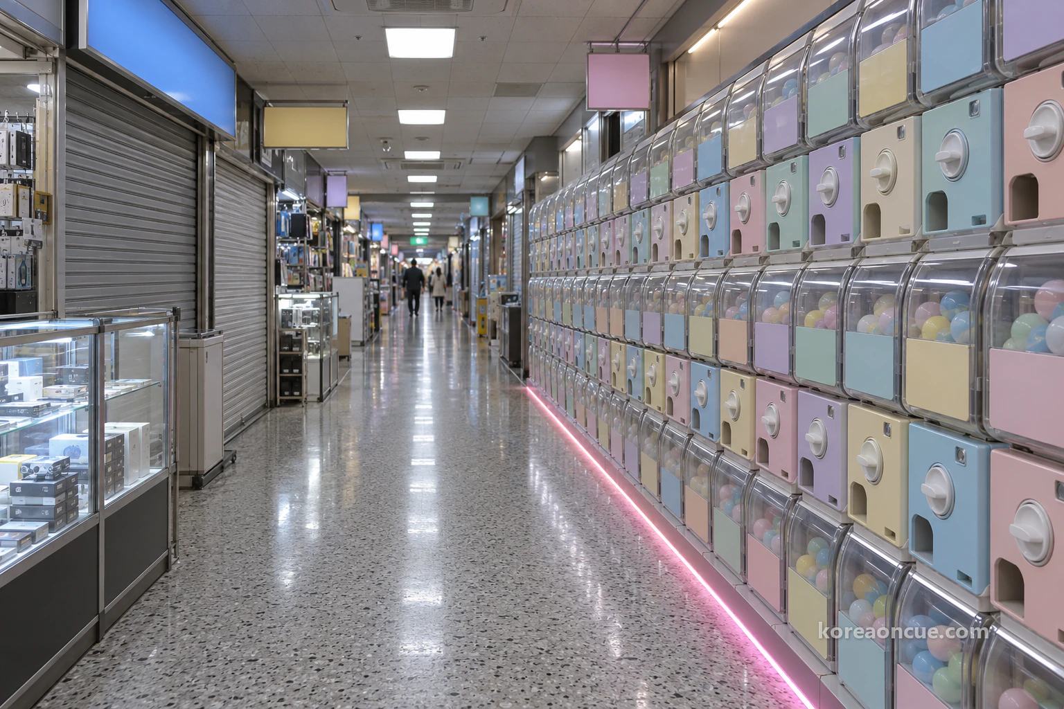 A shared aisle at Kukje Electronics Center lined with gacha machines. Editorial image.