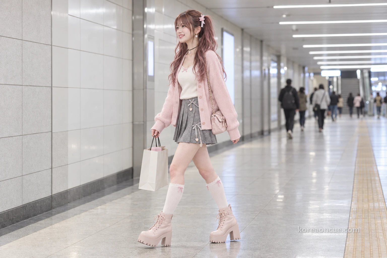 Hina carrying a plain shopping bag towards the underground passage. Editorial image.