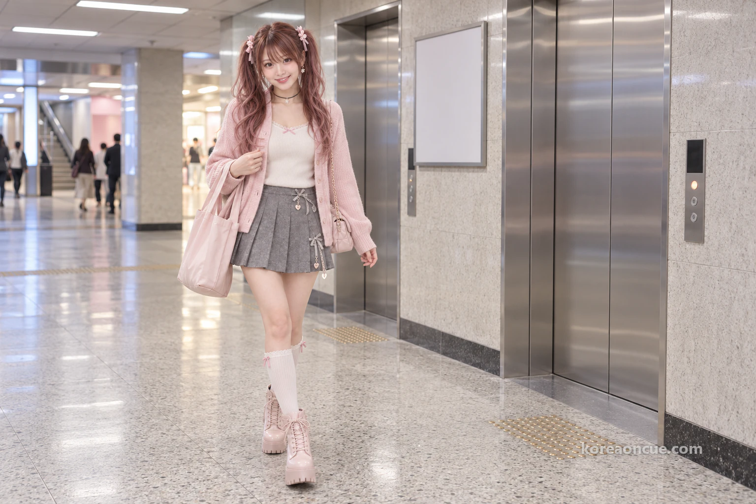 Hina walking towards the B1 lift. Editorial image.