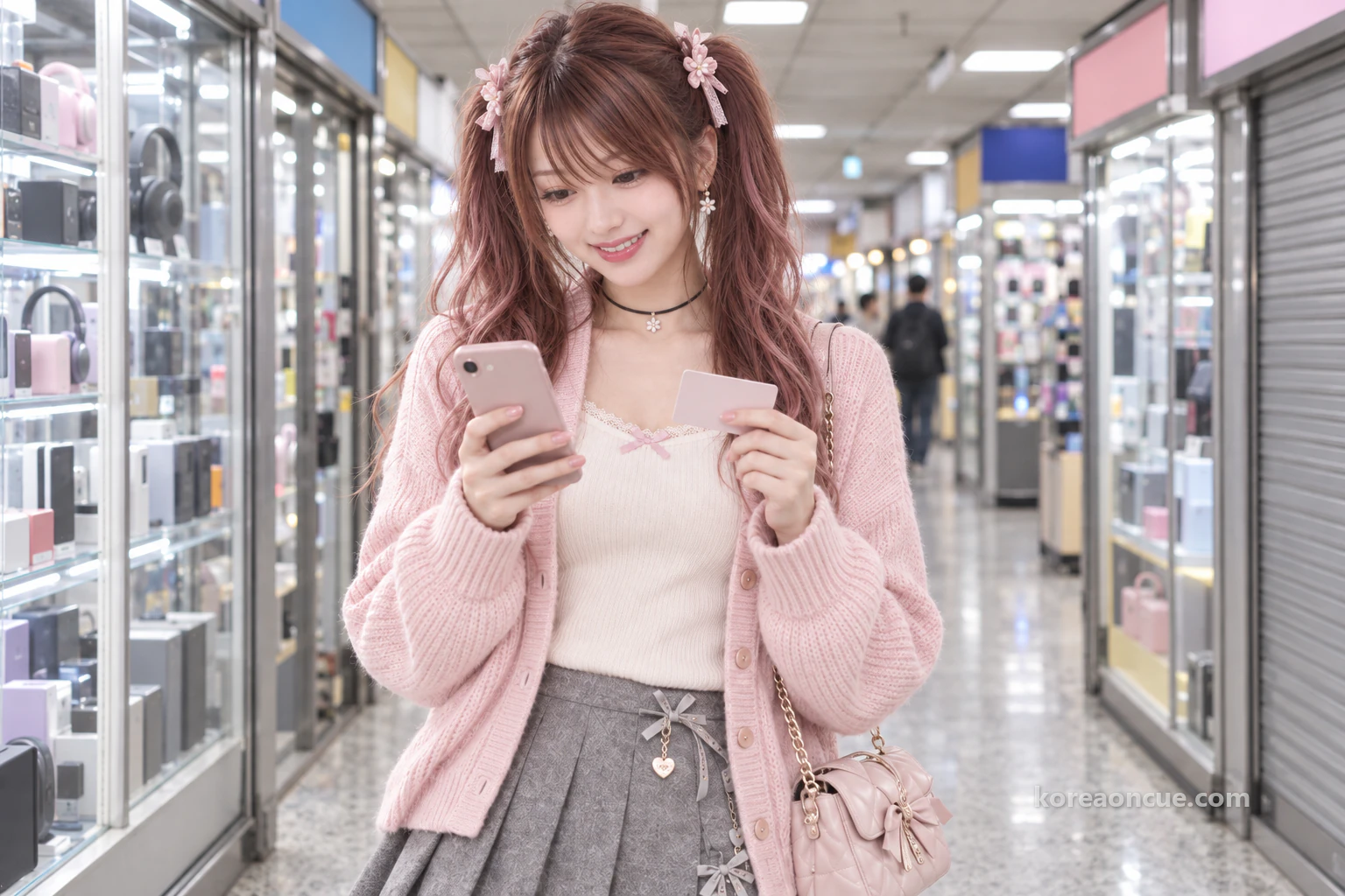 Hina holding her phone and a card, checking how to pay. Editorial image.