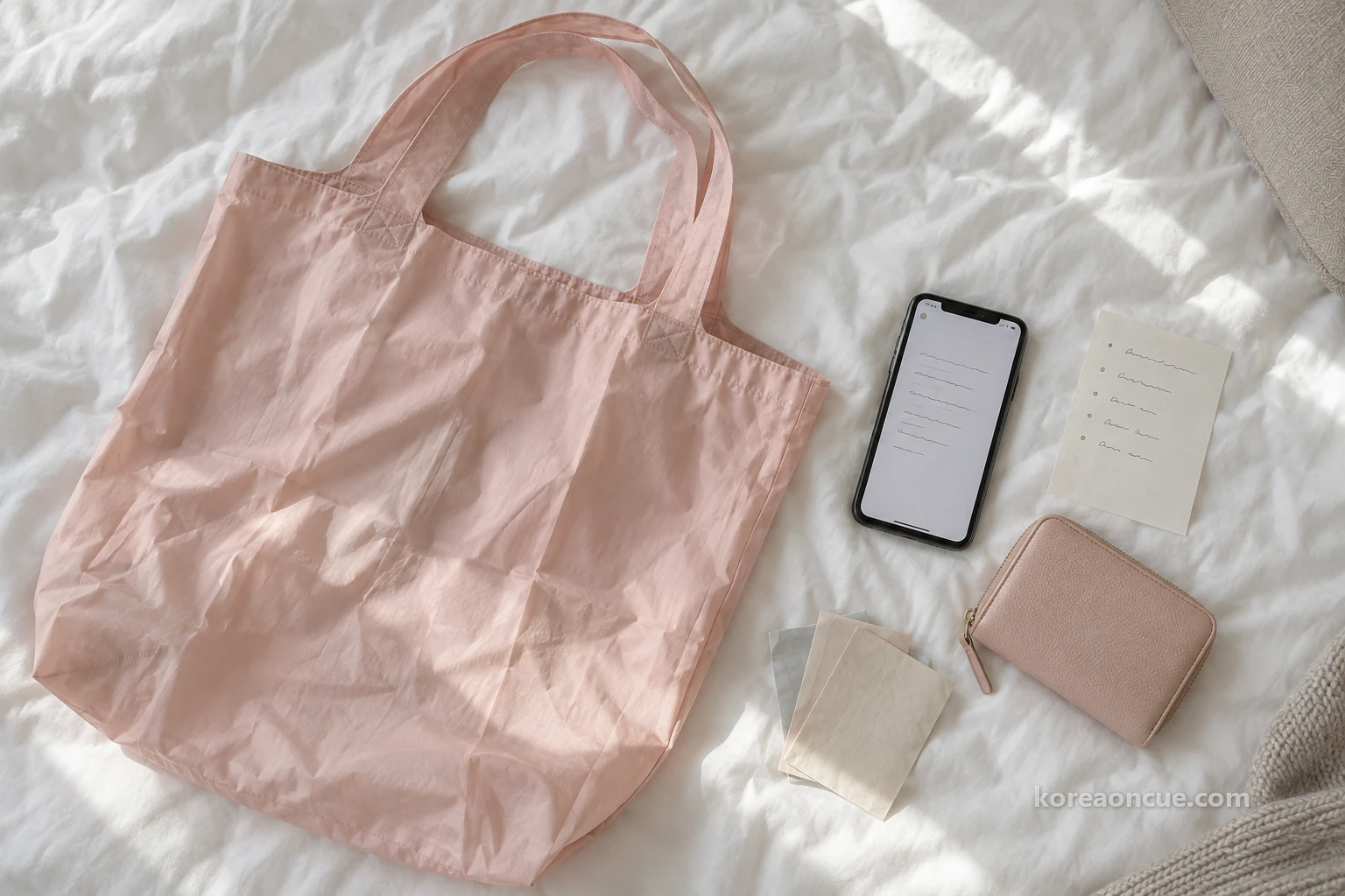 Still life of a foldable shopping bag, a phone, a budget note and a small wallet. Editorial image.
