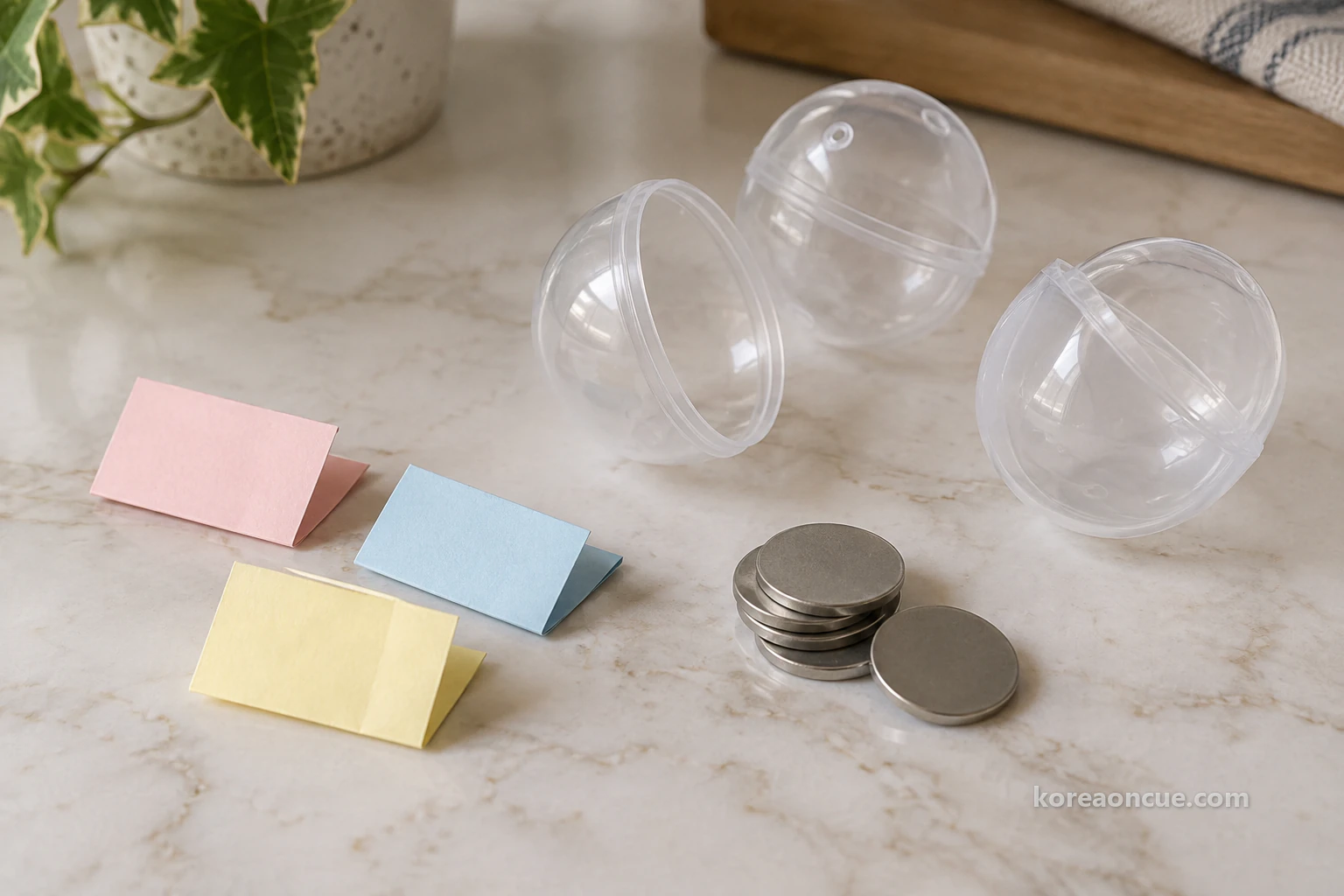 Still life of blank lottery tickets, plain tokens and empty clear capsules. Editorial image.