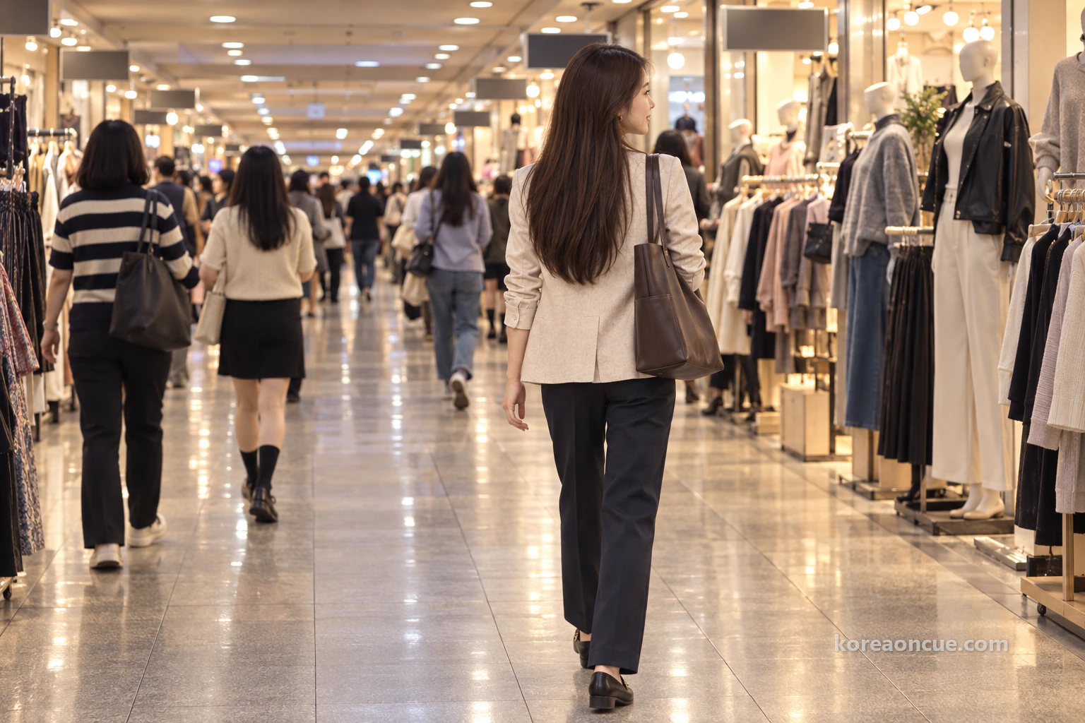 Mali walking along an underground shopping arcade lined with clothing shops. Editorial image.