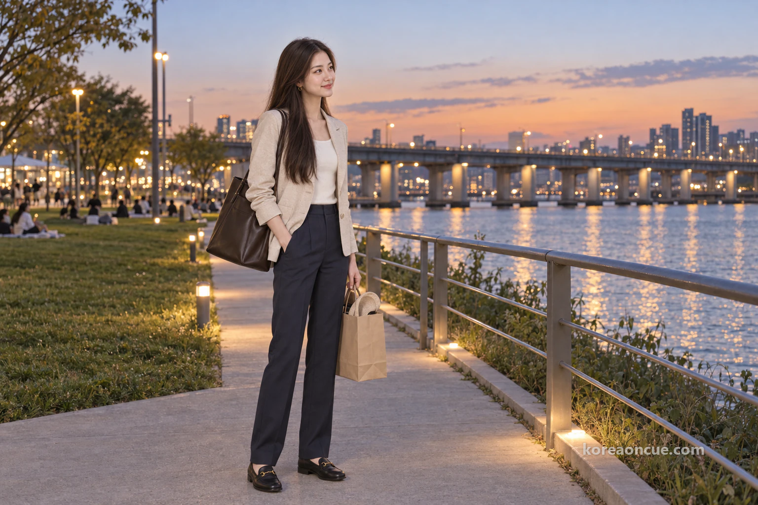 Mali standing by the Han River in the evening, holding a small shopping bag. Editorial image.