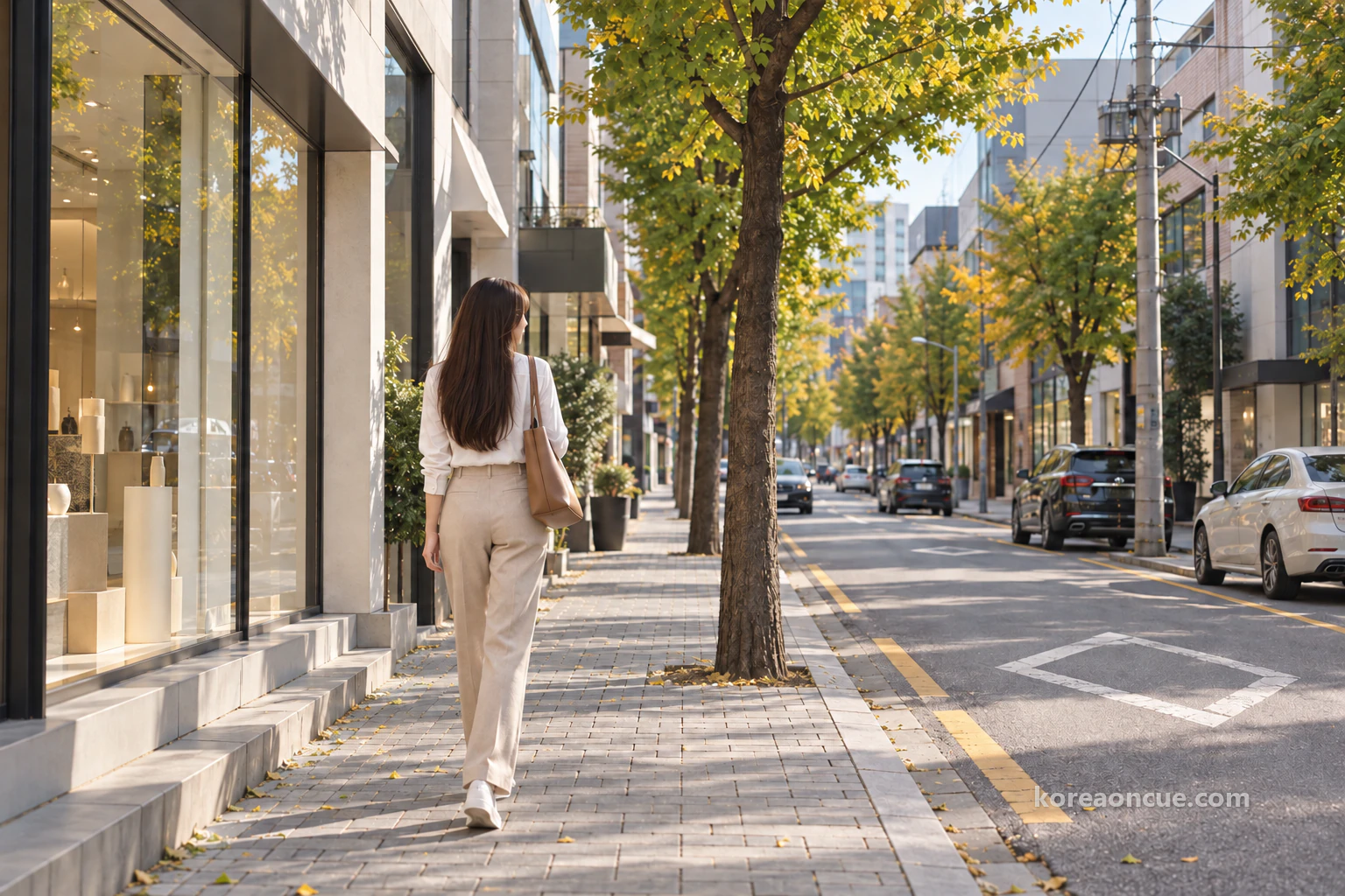 Mali walking along a pavement with rows of ginkgo trees on both sides of a two-lane street. Editorial image.