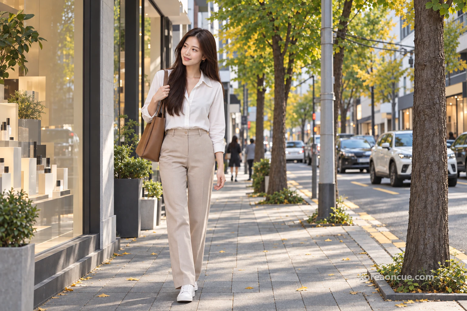 Mali walking along the pavement of a two-lane street lined with ginkgo trees, looking towards the shop windows. Editorial image.
