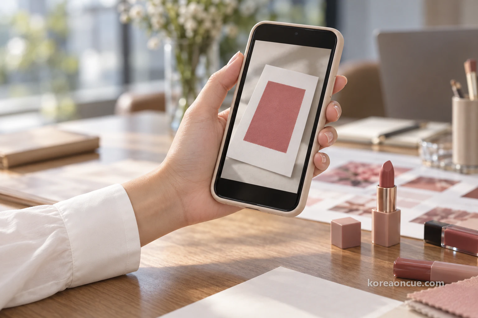 A photo of a colour card in a shade like dried roses, open on a phone screen. Editorial image.