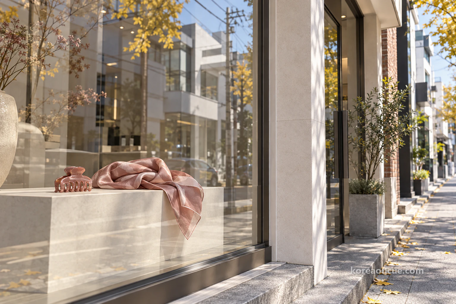 The window of a small shop with a rose-coloured claw clip and a scarf on display. Editorial image.