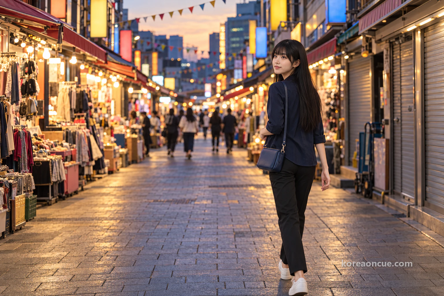 傍晚在會賢站那側的市場邊緣，回頭看著內側店鋪拉下鐵捲門、外側店鋪還亮著燈的巷子的Maya。編輯示意圖。